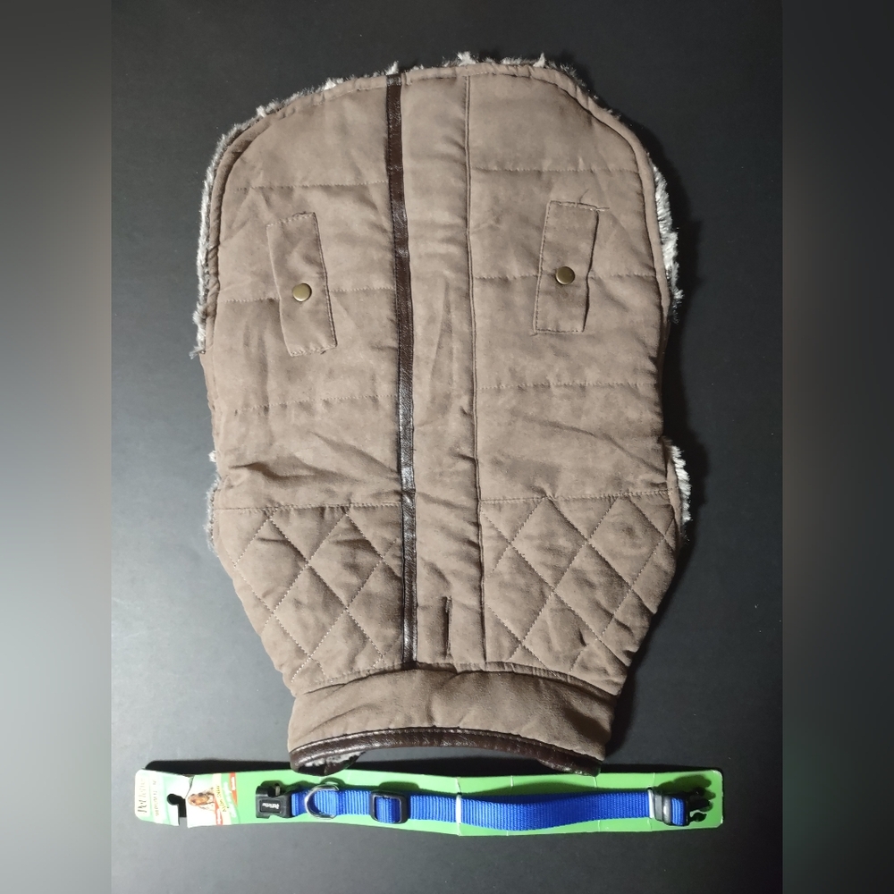 Simply Dog Brown Quilted Dog Jacket 17" x 12.5" + Blue Collar Size M 12" - 18"